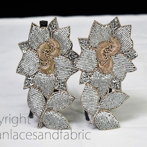 5 Stück Perlen Aufnäher, Indisch Grau Gold Floral Handgefertigte Aufnäher Kleid, Dekorative Applikationen Stickerei Handwerk DIY Weihnachtsdekor