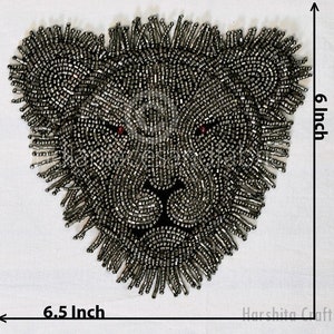 2 Pc Beaded Lion Appliques and Patches, Sew on Denim Jacket Gunmetal Grey Hand Embroidered Backpack Patch DIY Decorative Crafting Home Decor