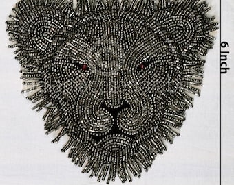 2 Parches y Apliques de León con Cuentas, para Coser en Chaqueta Vaquera Gris Plomo, Bordados a Mano, Parche para Mochila, Manualidades