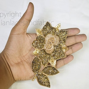 1 Pairs Indian Antique Gold Floral Sewing Handcrafted Patches Appliques Decorative Embroidered Handmade Christmas DIY Craft Beaded Patch