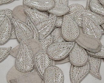 15 White Decorative Handmade Patches Leaf Embroidered Indian Sewing Thread Dresses Handcrafted Beaded Patches Appliques Crafting Supply