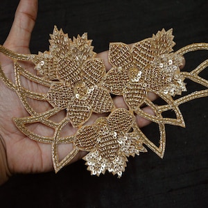 2 Pieces Gold Handmade Patches Decorative Floral Thread Applique Embroidered Indian Sewing Wedding Dress Patch Crafting Supplies Accessories