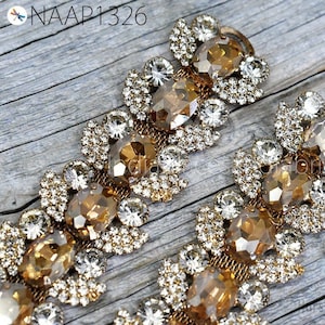 2 Pair Rhinestone Applique 13.5 cm | DIY Patch Comb Shoe Headpieces | Rhinestone Applique for Dresses | Wedding Indian Decorative Gold Craft