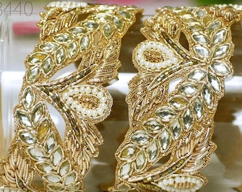 3 Yards Kundan Zardozi Gold Trim (1.5''): Indian Saree Border, Bridal Dress Embellishment