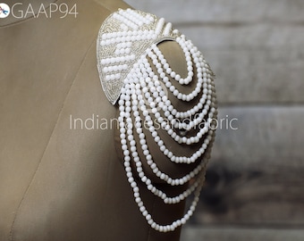 1 Pair Beaded Shoulder Patches with Tassels : Rhinestone Epaulet Applique, Couture Dress designer