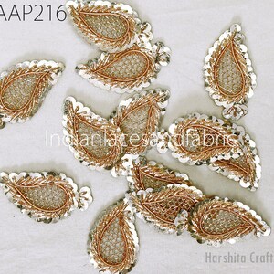 30 Pc Indian Zardozi Paisley Applique | Silver & Gold 5 cm Patch | DIY Crafting Handmade Embellishment for Wedding Dress | Sew on Home Decor