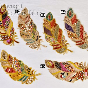 2 Piece Gold Handmade Feather Patches Embroidered Indian Sewing Dresses Handcrafted Beaded Patches Appliques Sewing DIY Crafting Supplies