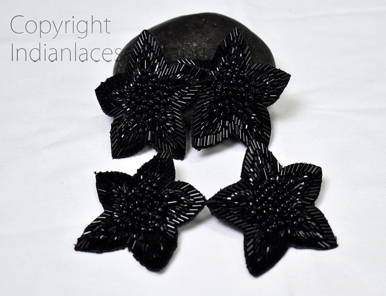 5 Pieces Black Handmade Beaded Floral Indian Patches Appliques Dresses Bugle Beads Applique Decorative Sewing Patches Crafting Sewing