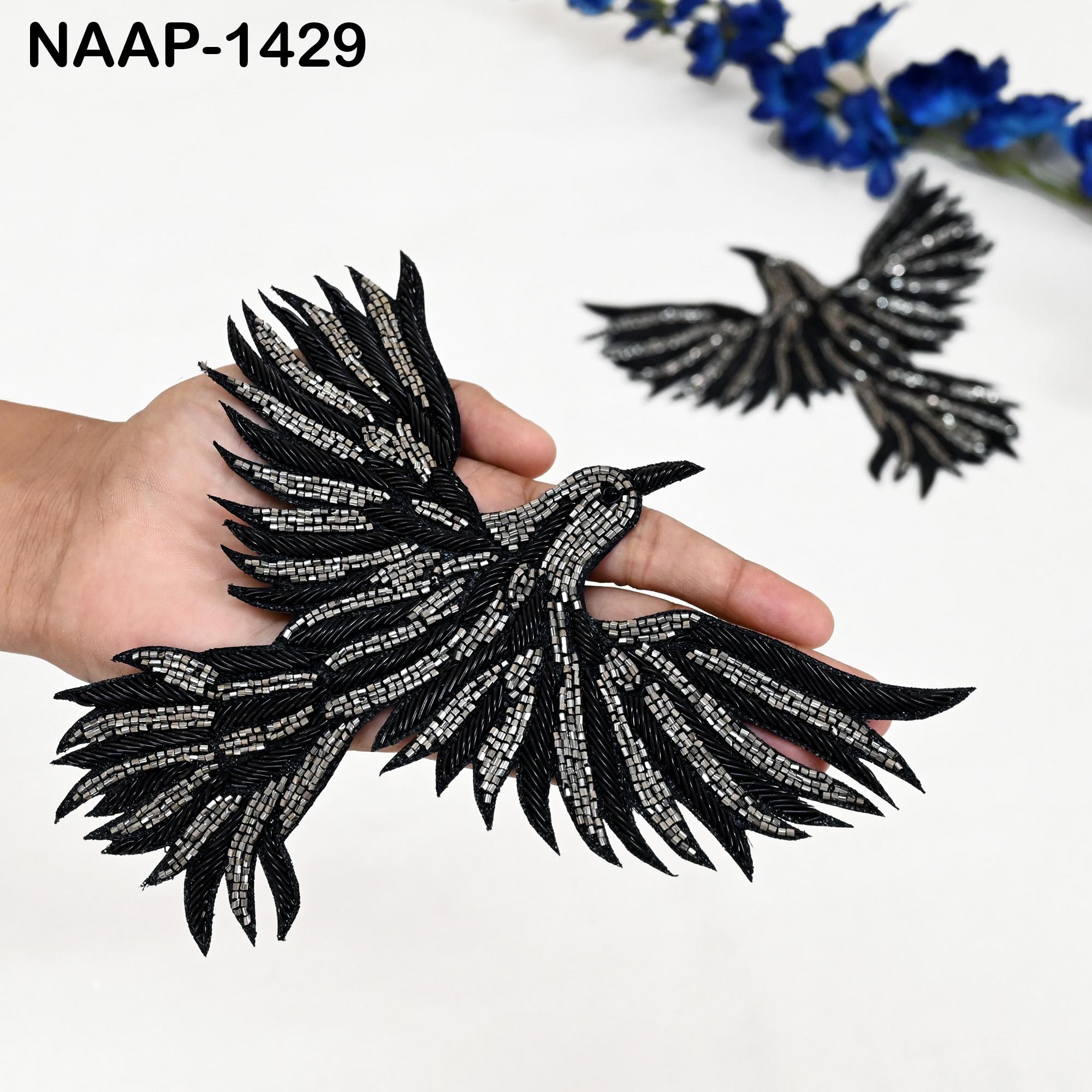 2 Pair Embroidered Flying Bird Appliqués: Black Zari Thread