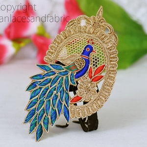 1 Pair Decorative Peacock Gold Zardozi Patches Appliques Dresses Embroidered Indian Handmade Sewing DIY Crafting Sewing Clothing Accessory