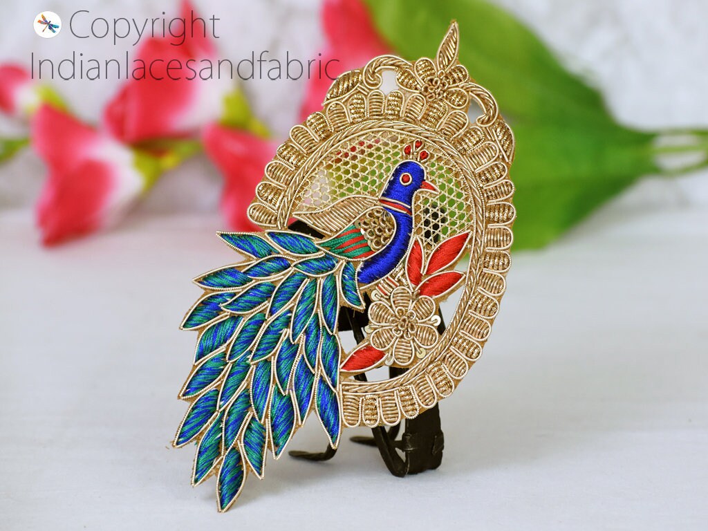 Gold Zardozi Peacock Appliques: Indian Embroidered Patches (Pair)