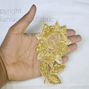 1 Paar Gold Floral Perlen Handgefertigte Nähen Patch, Dekorative Gestickte Indische Applikationen Handgemachtes Handwerk Weihnachtsdekor Pailletten Patch