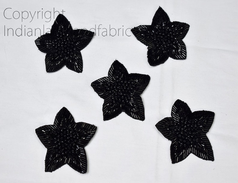 5 Pieces Black Handmade Beaded Floral Indian Patches Appliques Dresses Bugle Beads Applique Decorative Sewing Patches Crafting Sewing