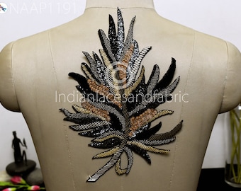 Handcrafted Beaded Applique: Gold & Black Sew-On Patch (12x7.6 Inch)