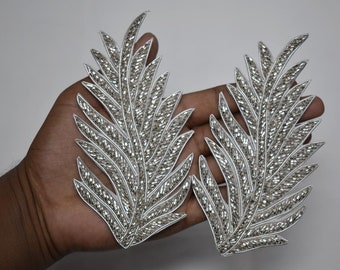 2 srebrne zroszony dekoracyjne ręcznie robione naszywki liść haftowane indyjskie nici do szycia sukienki ręcznie robione naszywki aplikac