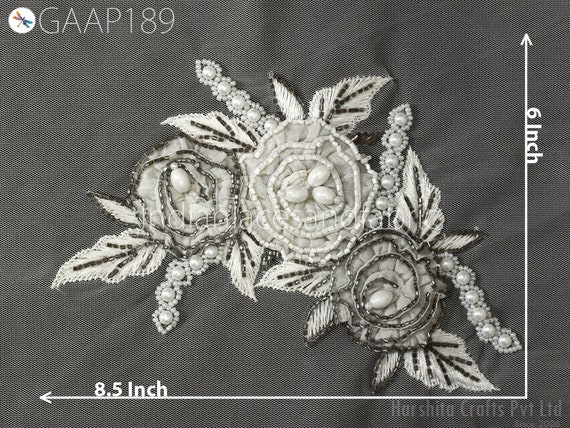 Handmade Beaded Floral Lace Applique: Embroidered Patch (8.5