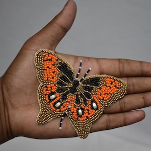 5 Pc Orange Butterfly Patches 3-inch Beaded Applique Handmade Embroidered Indian Dress Sewing DIY Crafting Headband Patch Cushion Cover Bags