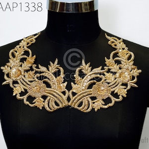 1 Pair Handmade Neckline Patches Zardosi Gold Neck Patch Decorative Neck Handcrafted Zardozi Wedding Party Dresses Costumes