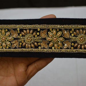 Bordure exclusive de sari en velours bleu, 3 mètres, sequins et perles Zari, dentelle, ceinture de mariée, robe de mariée, rubans brodés, couture