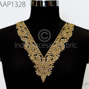 Zardozi Gold Embroidery Neckline Patch | Handmade Indian Applique for Couture, DIY Fashion, Jackets, Bridal Wear, Blouse, Kaftan, Home Decor