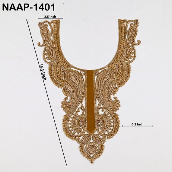 ゴールデンザルドシ刺繍ネックラインパッチ：手作りのインドの芸術作品
