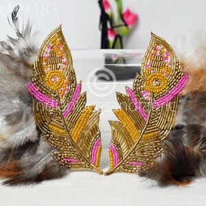 4 Pc Real Feather Patches Appliques Beaded Handmade Embroidery Indian Handcrafted Patch DIY Crafting Sewing Dresses Home Decor Costumes