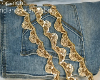 Handmade Gold Sequin Beaded Trim: Indian Saree Border, Bridal Sash (3 Yard)