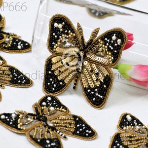 Butterfly Beaded Patches Rhinestone Applique Patches Comb Shoe Headpieces Applique DIY Rhinestone for Wedding Bride Bridal Indian Decorative Golden Crafting