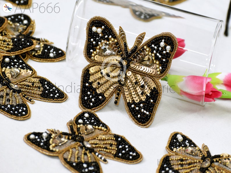 Butterfly Beaded Patches Rhinestone Applique Patches Comb Shoe Headpieces Applique DIY Rhinestone for Wedding Bride Bridal Indian Decorative Golden Crafting