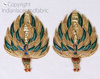 2 Gold Peacock Zardozi Patches: Embroidered Indian Appliques