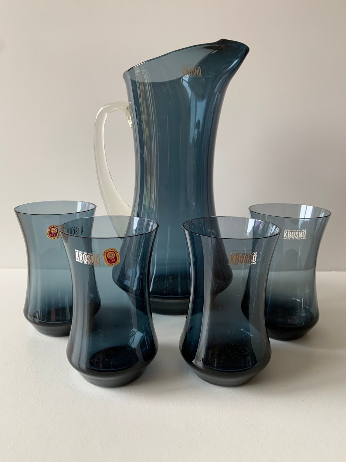 Années 1970 Krosno Glass Pitcher Jug Et 4 Verres Jaffe Rose Etsy