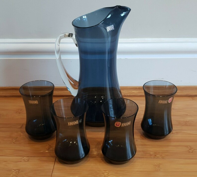 1970s Krosno Glass Pitcher Jug And 4 Glasses Jaffe Rose Made Etsy