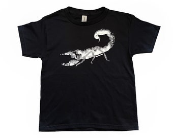Scorpion graphic baby tee, aesthetic t-shirt, handmade screen print design, 90s, 00s, y2k, retro aesthetic, scorpion graphic tee, scorpio