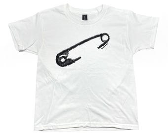 Safety Pin Graphic Baby Tee: Y2K Grunge goth alternative style Screen Print graphic Tshirt, baby tee fit, 90s retro style