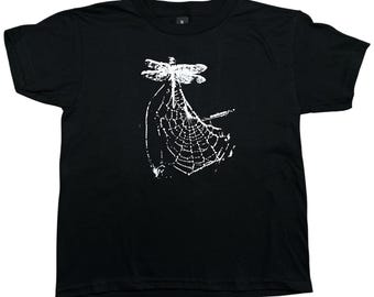 Dragonfly Spiderweb Baby Tee: Handmade Screen Print, Goth Grunge Y2K, 90s style graphic tshirt