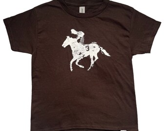 horse racer graphic baby tee, aesthetic tshirt, handmade screen print design, 90s, 00s, y2k, retro aesthetic, horse graphic tee,