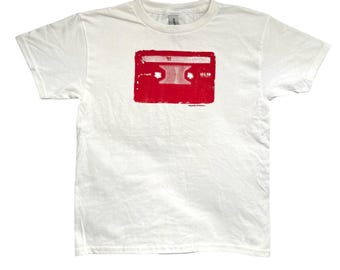 Retro Cassette Baby Tee: Handmade Screen Print, 90s Y2K Style graphic Tshirt, vintage style pop art