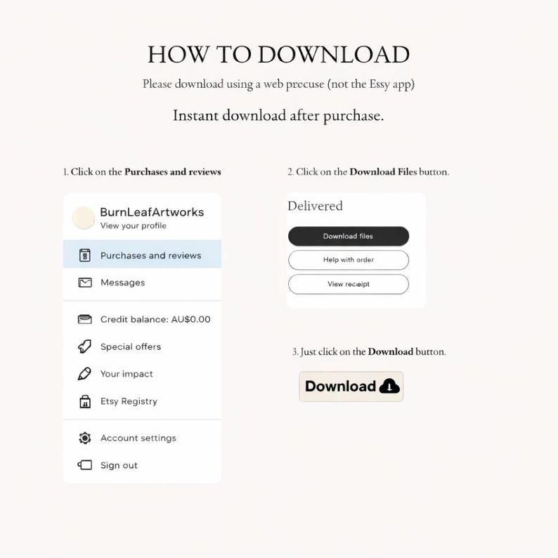 Puede incluir: Un gr&aacute;fico blanco con instrucciones sobre c&oacute;mo descargar un producto digital despu&eacute;s de la compra. El texto incluye los pasos para encontrar el bot&oacute;n de descarga y menciona la aplicaci&oacute;n de Etsy. La imagen tambi&eacute;n muestra un men&uacute; con opciones como compras y rese&ntilde;as.
