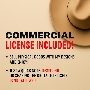 Puede incluir: Sombrero fedora color beige con una banda marr&oacute;n, sobre un fondo beige claro. El texto dice "COMMERCIAL LICENSE INCLUDED!" con vi&ntilde;etas que detallan los derechos de uso, incluida la venta de bienes f&iacute;sicos.
