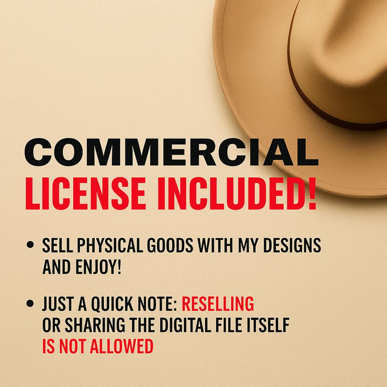 Puede incluir: Sombrero fedora color beige con una banda marr&oacute;n, sobre un fondo beige claro. El texto dice "COMMERCIAL LICENSE INCLUDED!" con vi&ntilde;etas que detallan los derechos de uso, incluida la venta de bienes f&iacute;sicos.