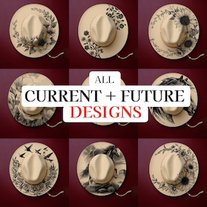Puede incluir: Una colecci&oacute;n de sombreros de vaquero color crema con varios dise&ntilde;os florales y de animales en blanco y negro. Los sombreros tienen un ala ancha y una corona central. La imagen incluye el texto "ALL CURRENT + FUTURE DESIGNS".