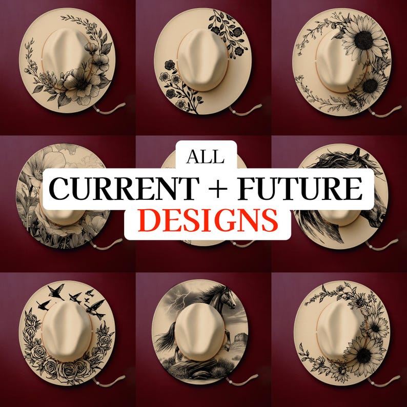 Puede incluir: Una colecci&oacute;n de sombreros de vaquero color crema con varios dise&ntilde;os florales y de animales en blanco y negro. Los sombreros tienen un ala ancha y una corona central. La imagen incluye el texto "ALL CURRENT + FUTURE DESIGNS".