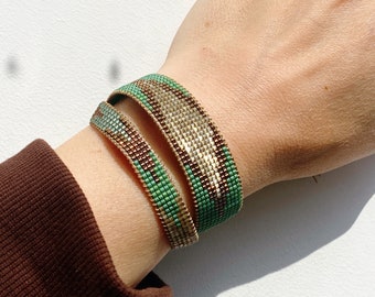 Pair of Green shiny bracelets, Nature inspired jewelry, Beaded woven crystal bangle, Wide cuff Stackable bracelets, Birthday gift women