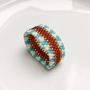 Handmade rings for women, Birthday jewelry gift for girlfriend, Thumb rings, Blue statement ring, Beaded wide band ring, Unique woven ring image 4