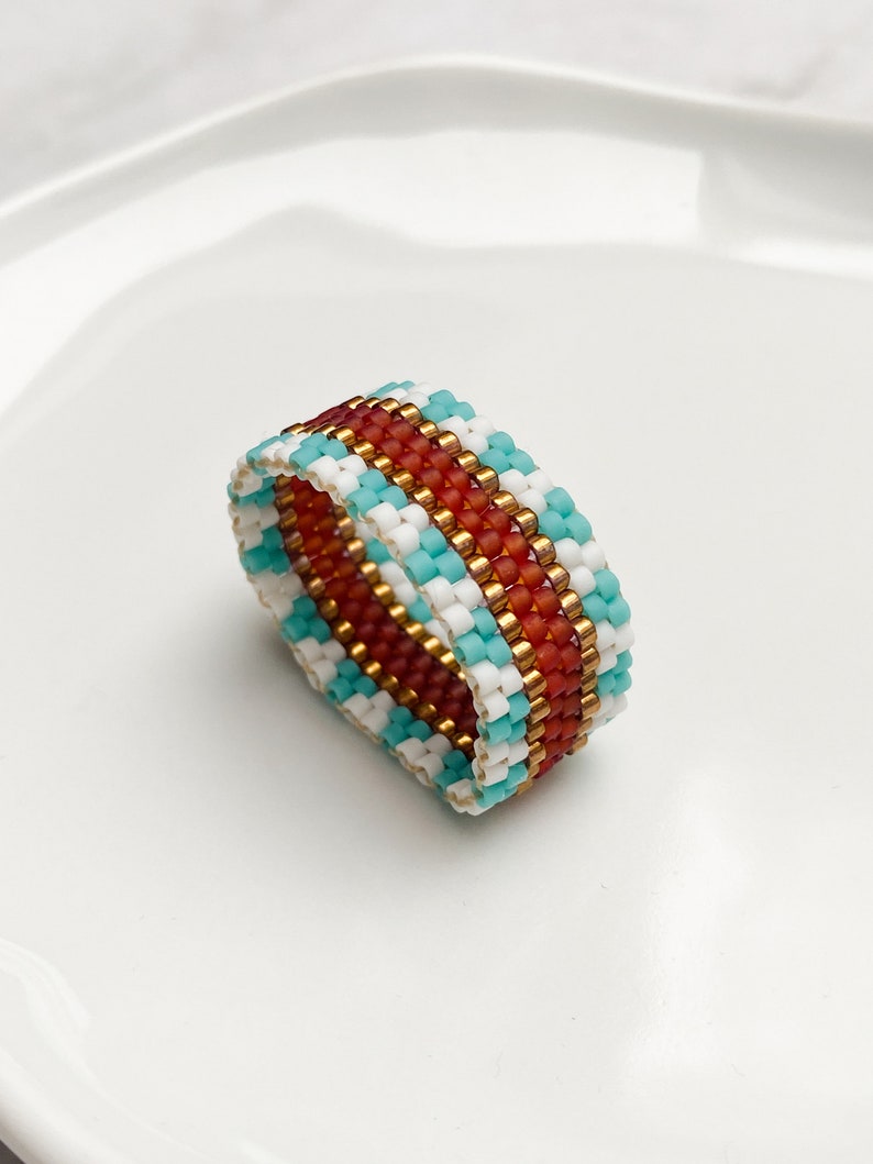 Handmade rings for women, Birthday jewelry gift for girlfriend, Thumb rings, Blue statement ring, Beaded wide band ring, Unique woven ring image 4