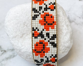 Handmade red rose bracelet, White floral native armband, Beaded flower bangle for her, Birth flower wide cuff, Birthday gifts ideas jewelry