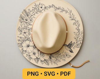 Kolibri- och blomhatt spårbar brinnande design, lasergraveringsdesign, hattbränningsmall för hatt med bred brätte, pyrografischablonhatt