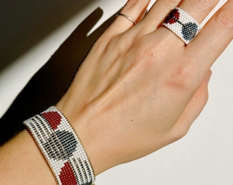 Unique handmade beaded bracelet, White geometric minimalist bangle, Wide bracelet ring set, Birthday jewelry gift for girlfriend, woman wife