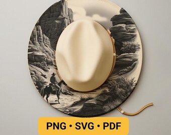 Horse and Cowboy Hat Burning Pyrography Design, Laser Engraving Design Png - Pdf Template for Wide Brim, Western Stencil Hat Burning Pattern