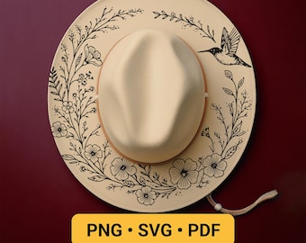 Lasergraveringsdesign för kolibri och blommor, hattbrinnande png för LightBurn + PDF-mall för bred brätte, pyrografisch stencilhatt